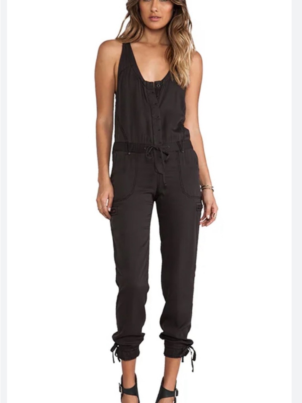 Free People Black Utility Jumpsuit - Sleeveless Drawstring Waist